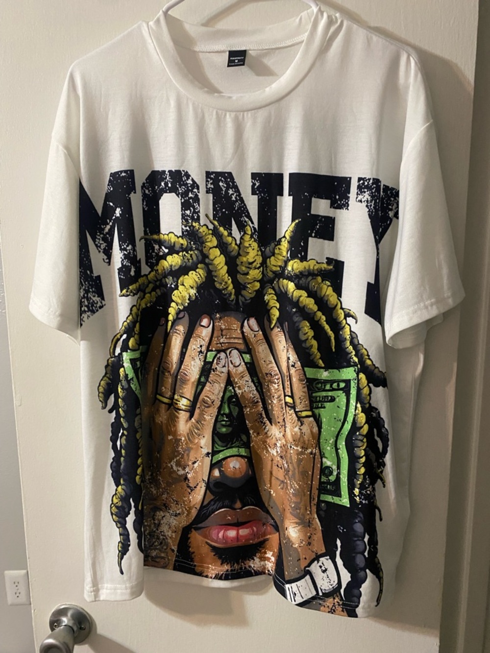 White Graphic 'Money' Short Sleeve Tee with Yellow Accents